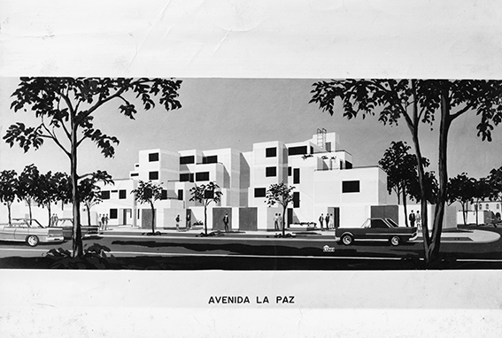 Imagen: 8 casas 6 departamentos, Perspectiva, 1971 © Fondo Documental Cooper Graña Nicolini, Archivo de Arquitectura PUCP.