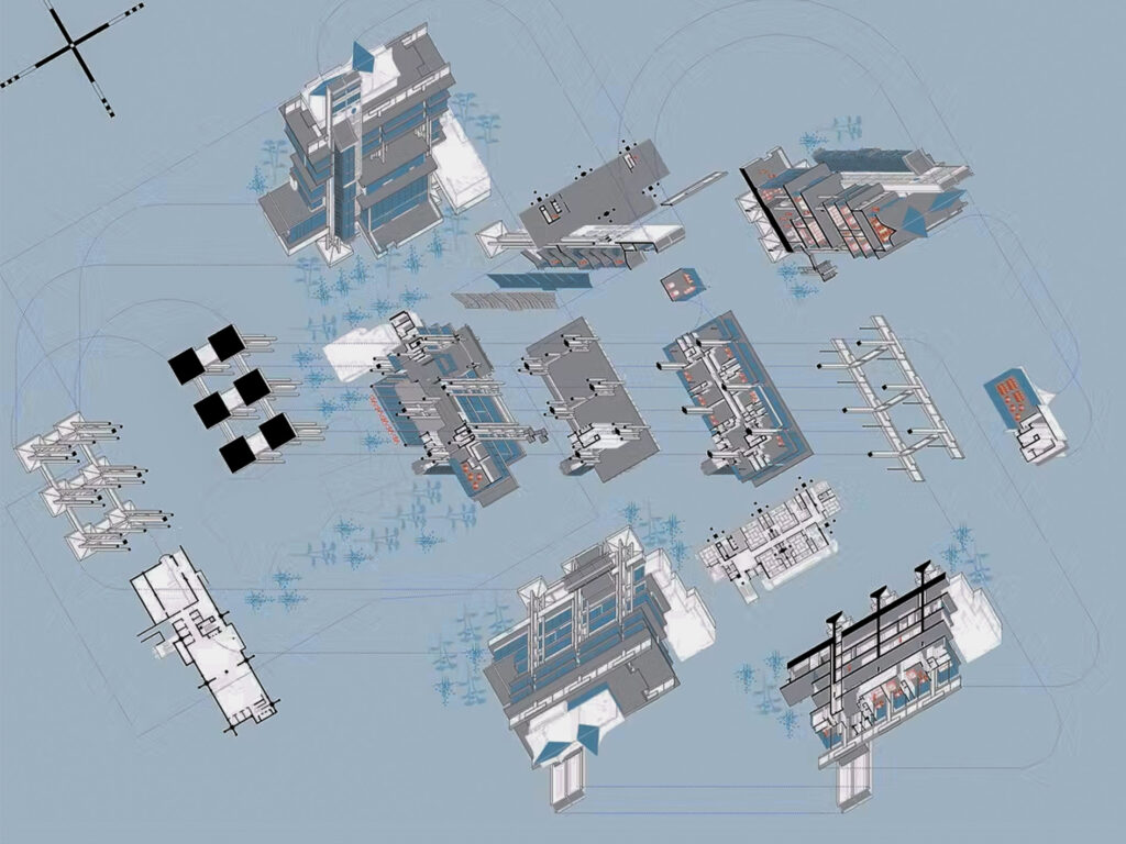 Dibujo del hotel Tokoen de Kiyonori Kikutake, construido en 1964 en Japón. Autores: Sebastián Cilloniz, Inés Yupanqui, Marios Triantafyllou y Sebastián Cruz, desarrollado en el Taller de Maestría en Columbia GSAPP.